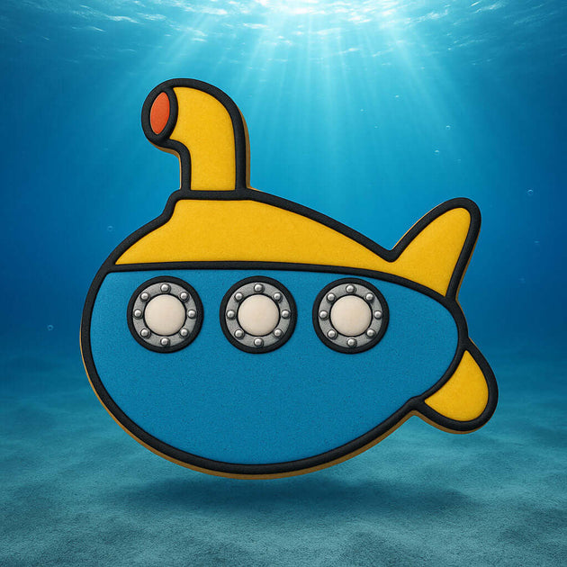 Cartoon-style blue and yellow submarine on a blue underwater background from a 4 inch Submarine Metal Cookie Cutter