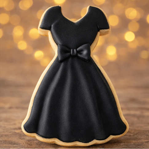 Cookie shaped like a black dress with a bow on a wooden surface with a blurred golden background from a 4 inch Dress Metal Cookie Cutter