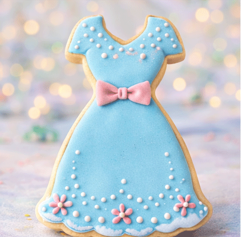 Cookie shaped like a blue dress with pink flowers and bow on a blurred background from a 4 inch Dress Metal Cookie Cutter