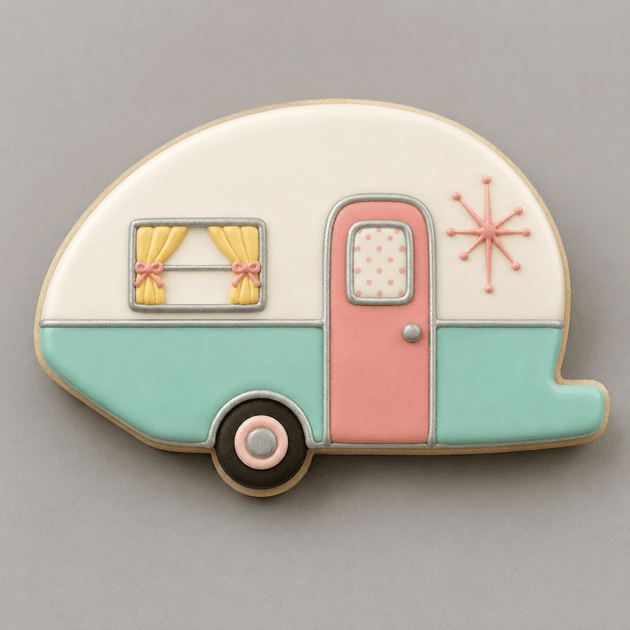 Decorative cookie shaped like a vintage camper on a gray background from a  4.5 inch Camper RV Metal Cookie Cutter