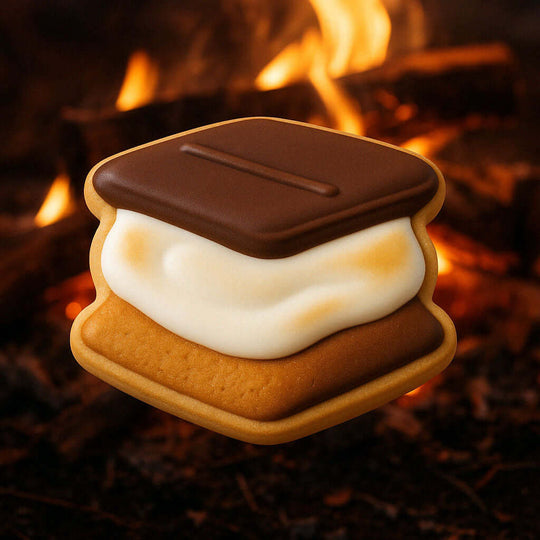 S'mores cookie with marshmallow and chocolate against a campfire background from a 3.5 inch S'more Metal Cookie Cutter