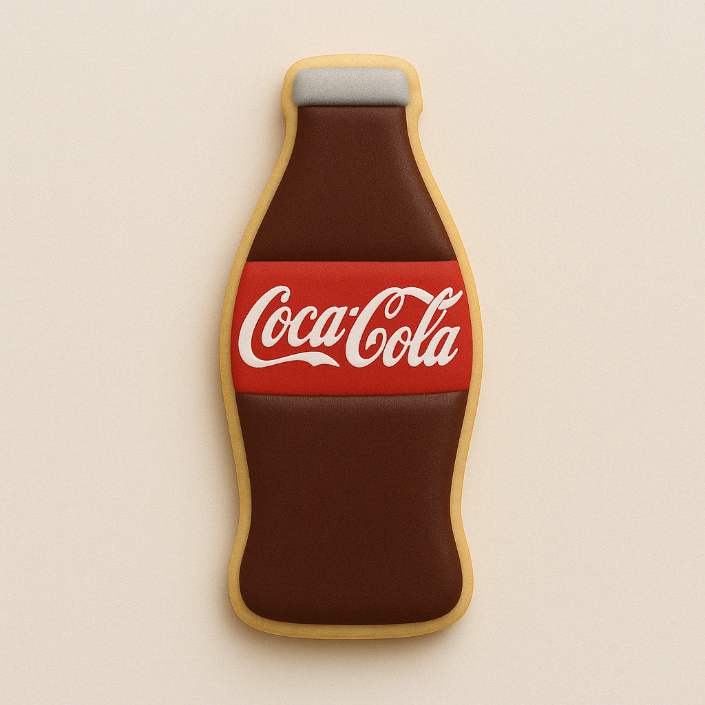 Cookie shaped like a Coca-Cola bottle on a beige background from a 5 inch Soda Pop Bottle Metal Cookie Cutter