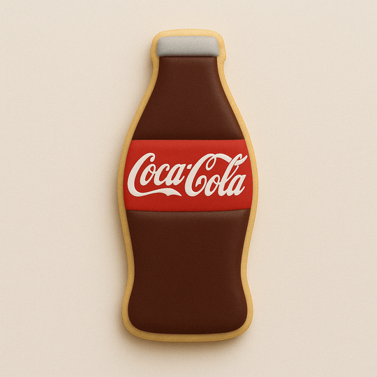 Cookie shaped like a Coca-Cola bottle on a beige background from a 5 inch Soda Pop Bottle Metal Cookie Cutter