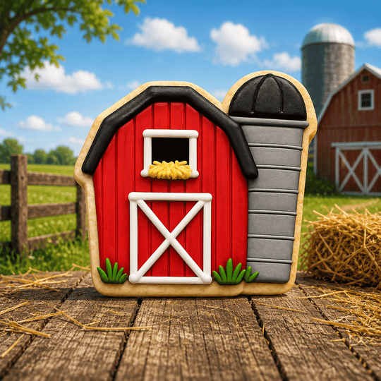 Red barn cookie with grey silo from a 4 inch Barn Metal Cookie Cutter