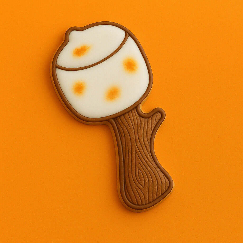 Cookie shaped like a marshmallow on a stick with brown and white colors on an orange background from a 4 inch Marshmallow on a Stick Metal Cookie Cutter