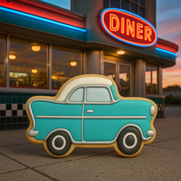 Vintage car-shaped cookie in front of a diner with a neon sign from a 4 inch Vintage Classic Car Metal Cookie Cutter