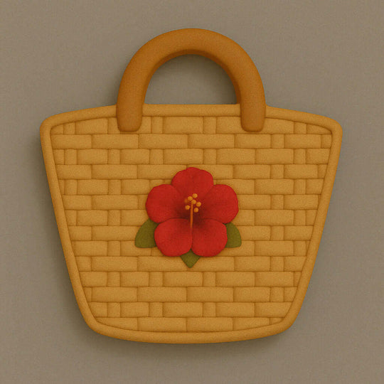 Decorative woven basket with a red flower on a beige background from a 3.25 inch Beach Bag Metal Cookie Cutter