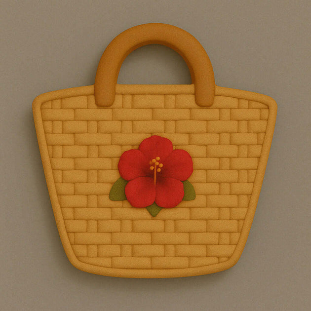 Decorative woven basket with a red flower on a beige background from a 3.25 inch Beach Bag Metal Cookie Cutter
