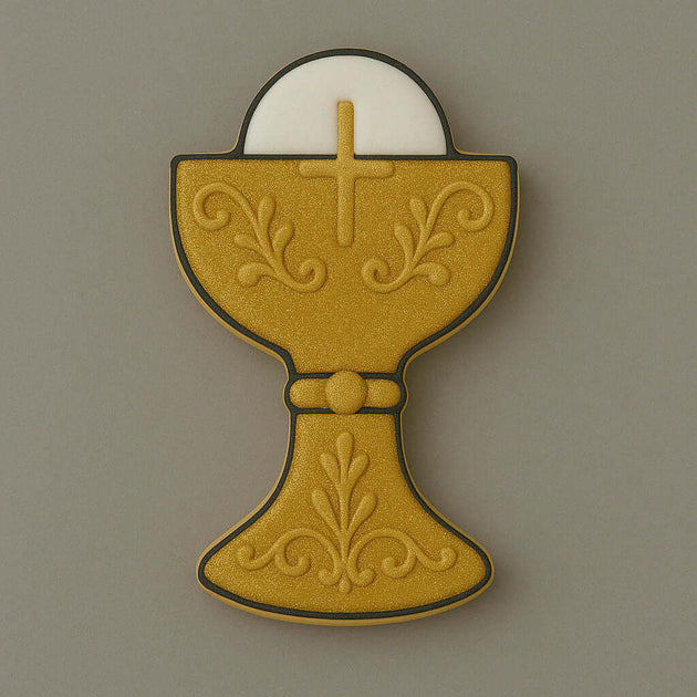 A cookie made with a 4 inch Communion Chalice Metal Cookie Cutter