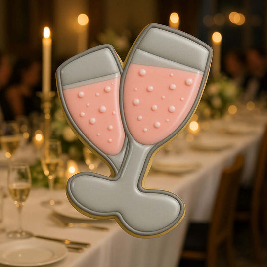 Decorative cookie shaped like two champagne glasses on a table setting with candles and wine glasses from a 4 inch Champagne Glasses Metal Cookie Cutter