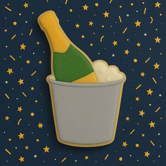 Cookie decoration of a champagne bottle in a bucket with star pattern from a 4 inch Champagne in Ice Bucket Metal Cookie Cutter