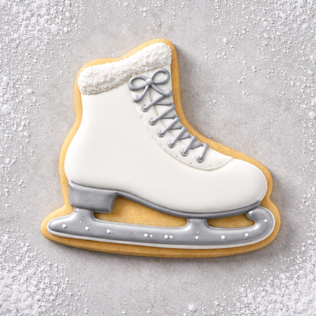 4 Inch Ice Skate Metal Cookie Cutter shaped cookie decorated in white and silver with a classic design.