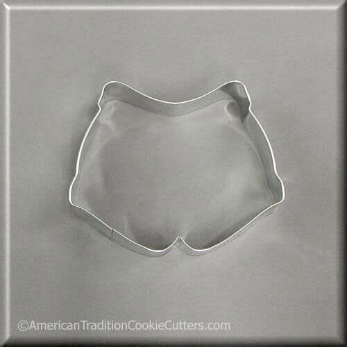 3.5 inch Shorts Metal Cookie Cutter on a gray background for baking and summer party treats.