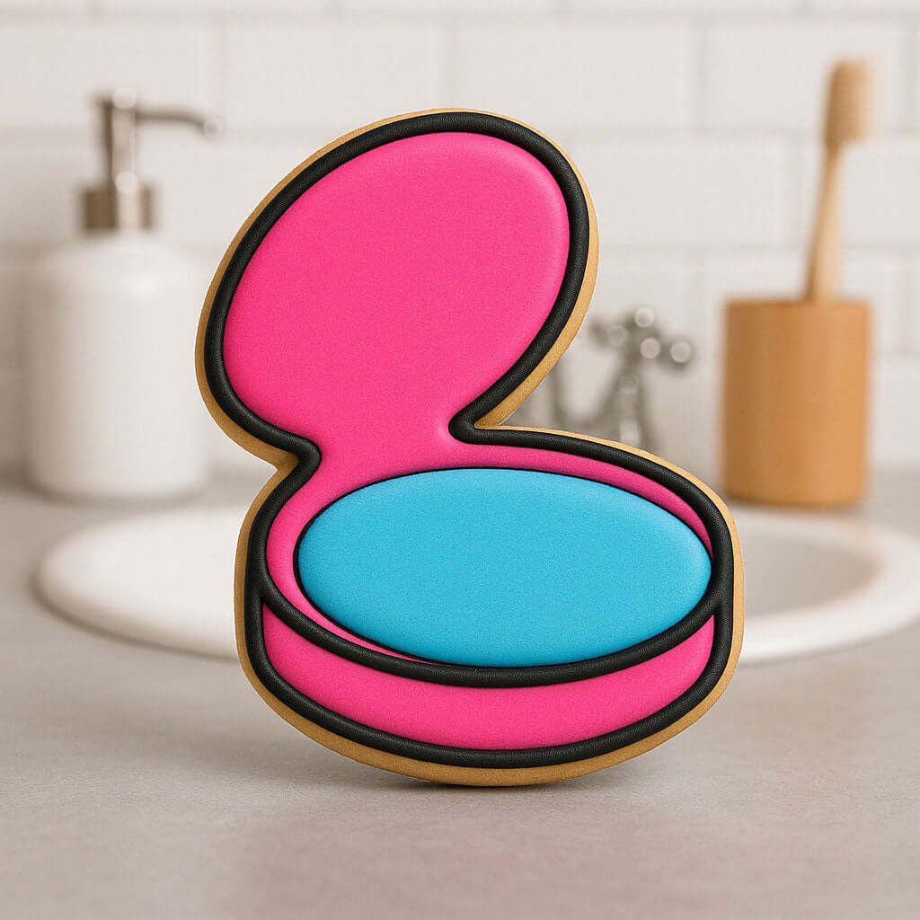 Colorful compact mirror with pink and blue layers on a bathroom counter from a 4 inch Makeup Compact Metal Cookie Cutter