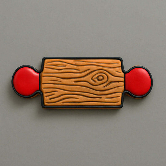 Wooden-patterned rolling pin with red circular ends on a gray background from a 5 inch Rolling Pin Metal Cookie Cutter