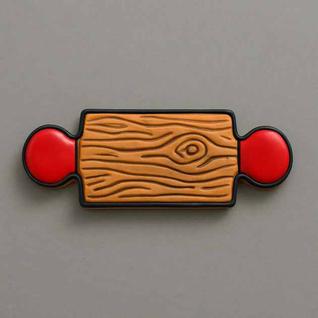 Wooden-patterned rolling pin with red circular ends on a gray background from a 5 inch Rolling Pin Metal Cookie Cutter