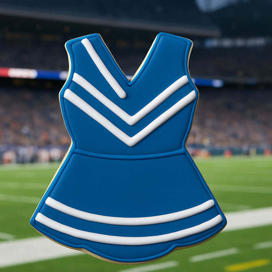 Blue and white cheerleader dress icon on a sports field background from a 3.5 inch Cheerleader Uniform Metal Cookie Cutter