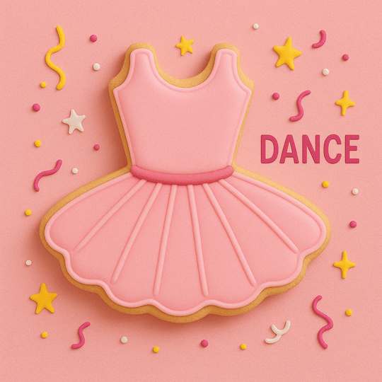 3.5 inch Tutu Metal Cookie Cutter design displayed as a pink dance dress cookie on a colorful background.