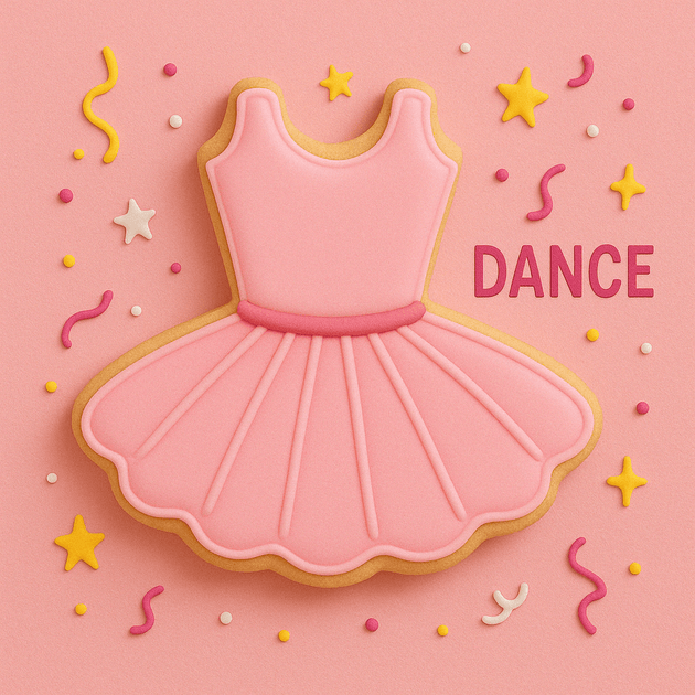 3.5 inch Tutu Metal Cookie Cutter design displayed as a pink dance dress cookie on a colorful background.