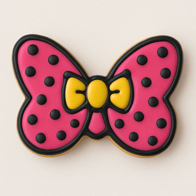 Cookie shaped like a pink bow with black polka dots and a yellow center on a light background for a 4 inch Hair Bow Metal Cookie Cutter