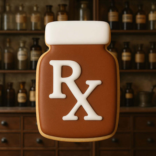 Cookie shaped like a mason jar with an 'RX' symbol against a backdrop of bottles for a 3.75 inch Pill Bottle Metal Cookie Cutter