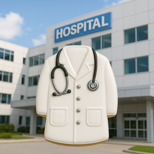 Cookie-shaped doctor's coat with stethoscope in front of a hospital building for a 4 inch Lab Coat Metal Cookie Cutter