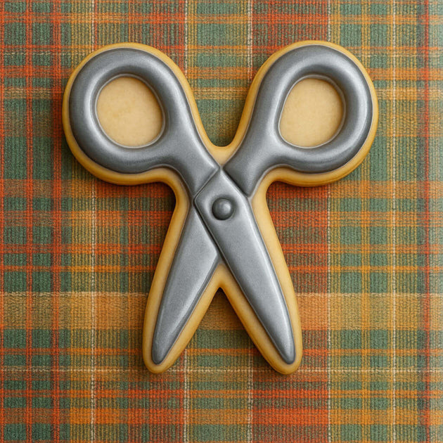 Cookie shaped like a pair of scissors on a plaid fabric background for a 4 inch Scissors Metal Cookie Cutter