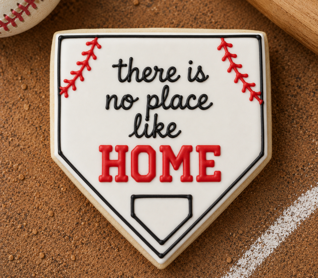 Cookie shaped like a home plate with 'there is no place like HOME' text on a baseball field background made from a 3 inch Home Plate Metal Cookie Cutter