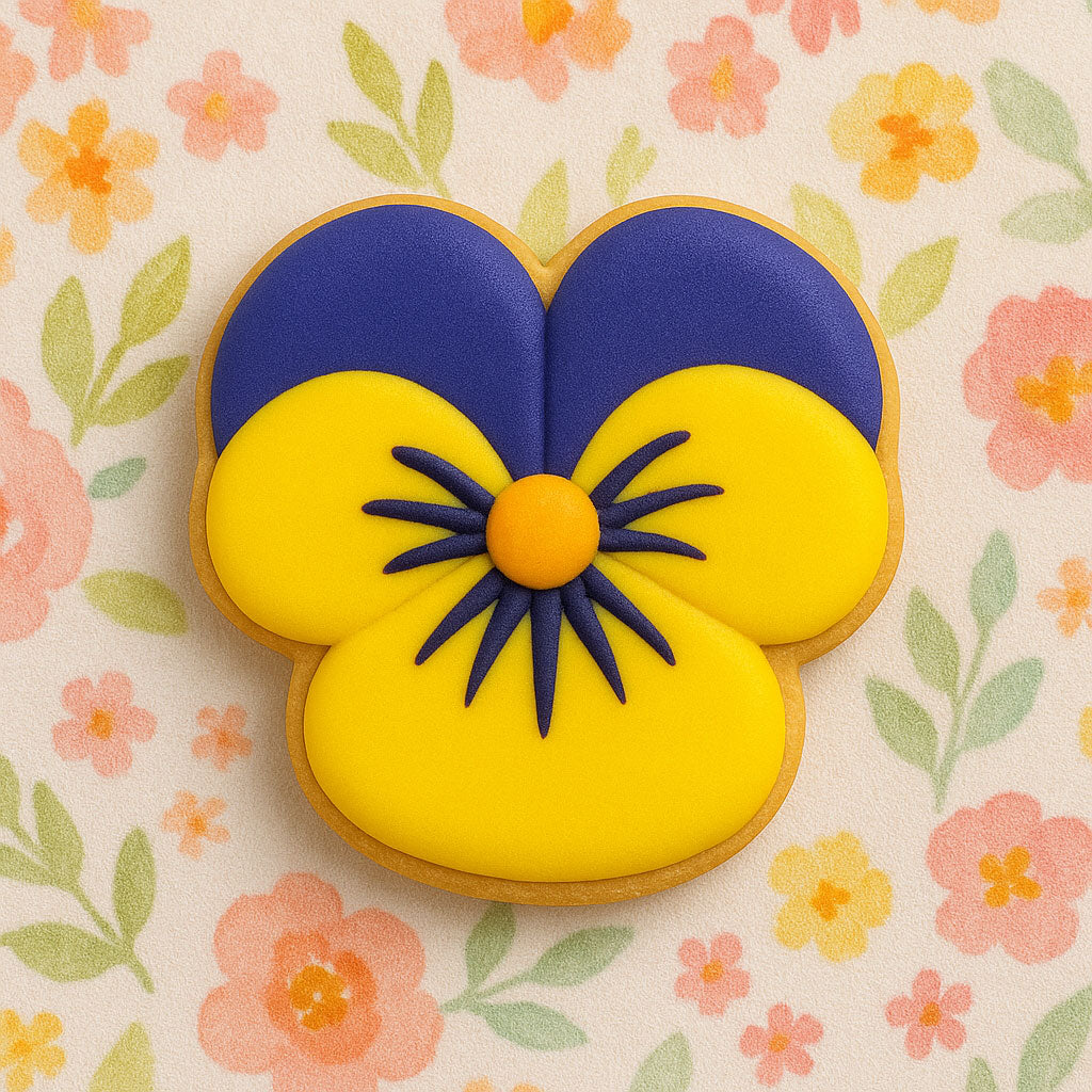 Decorative cookie shaped like a yellow flower with blue accents on a floral background from a 3.75 inch Three Petal Flower or Puppy Metal Cookie Cutter