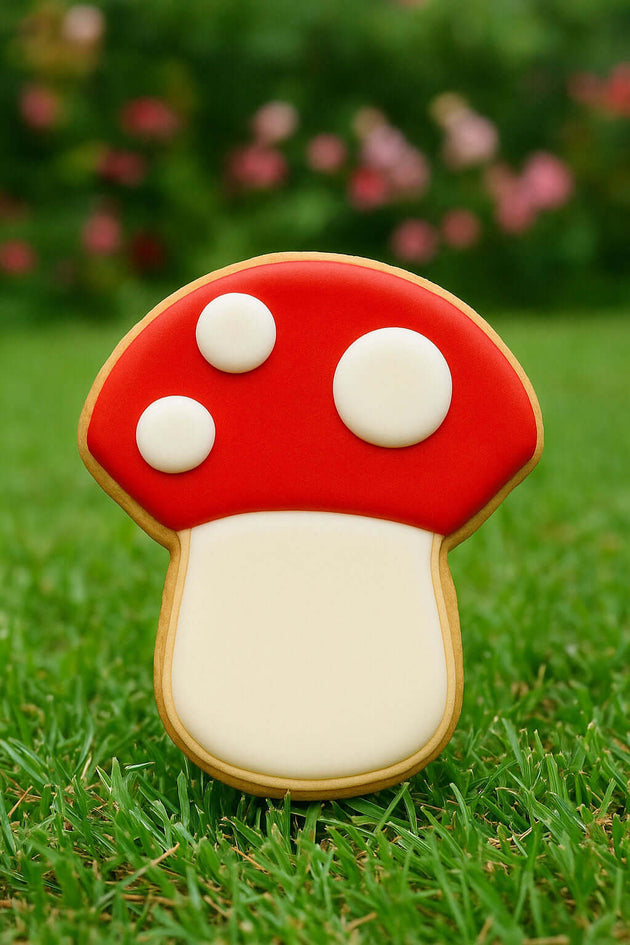 Mushroom-shaped cookie on grass with blurred flowers in the background