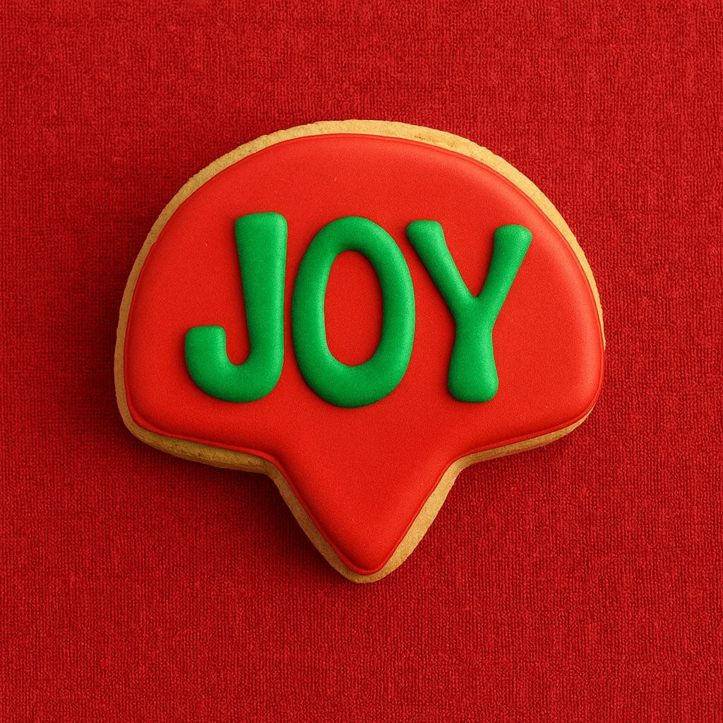 Red cookie with 'JOY' in green on a red background from a 3.5 inch Thought Bubble Shaped Metal Cookie Cutter