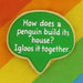 Green speech bubble with a humorous penguin joke on a colorful striped background