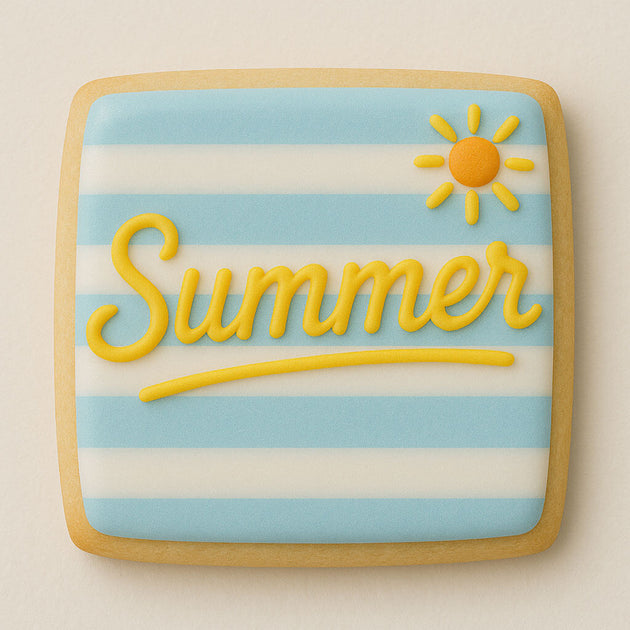 Cookie with 'Summer' text and sun design on a light background from a 2 inch Square Biscuit Metal Cookie Cutter