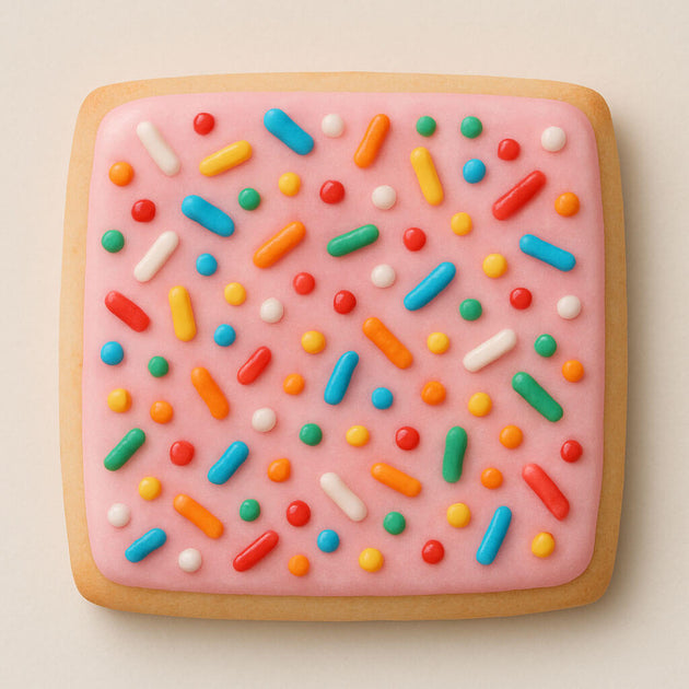 Square cookie with pink icing and colorful sprinkles on a beige background from a 2.5 inch Square Biscuit Metal Cookie Cutter