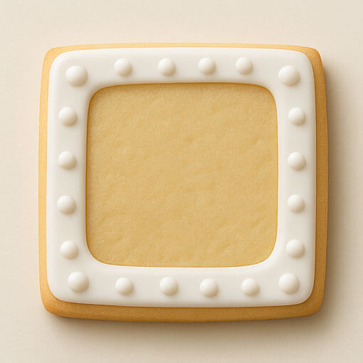Square cookie with white decorative border on a beige background from a 3 inch Square Biscuit Metal Cookie Cutter
