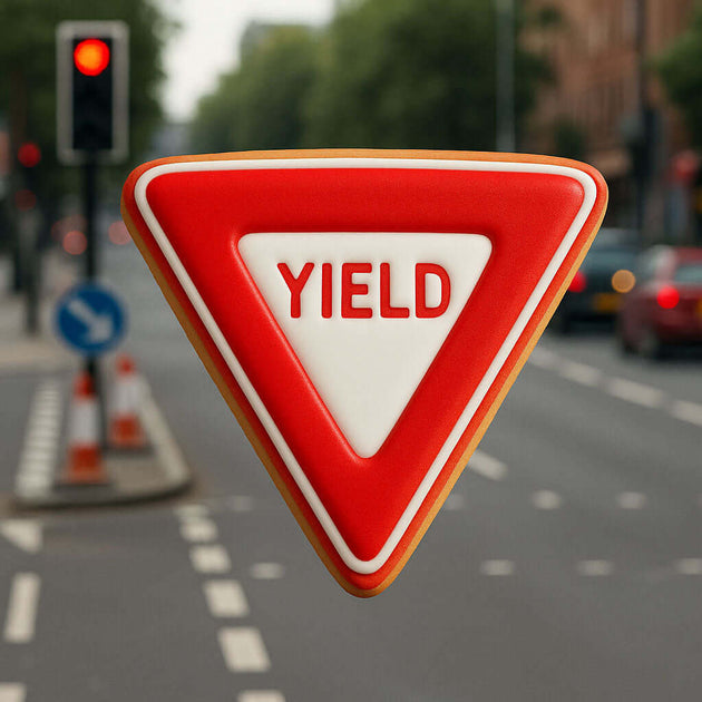 Yield sign cookie on a blurred street background from a 2 inch Triangle Biscuit Metal Cookie Cutter