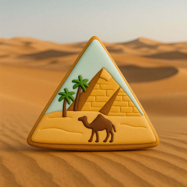 Triangular cookie with pyramid, palm trees, and camel design on a desert background from a 2.5 inch Triangle Biscuit Metal Cookie Cutter