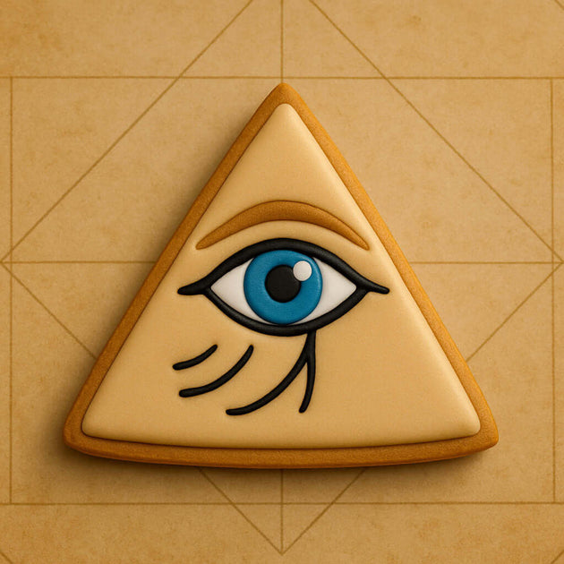 Triangular cookie with eye design on a beige background from a 3 inch Triangle Biscuit Metal Cookie Cutter
