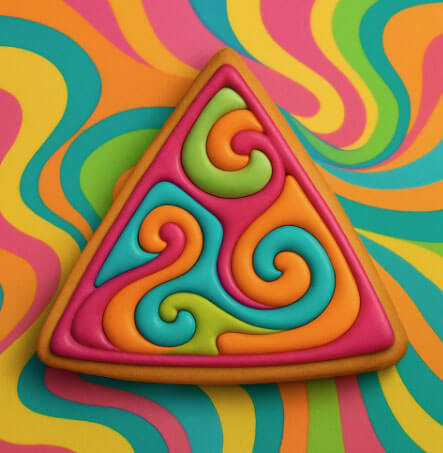Colorful triangular cookie with swirl patterns on a vibrant, abstract background
