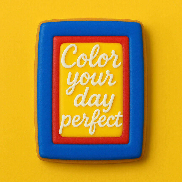 Decorative cookie with 'Color your day perfect' text on a yellow background from a 3 inch X 1.75 inch Rectangle Biscuit Metal Cookie Cutter