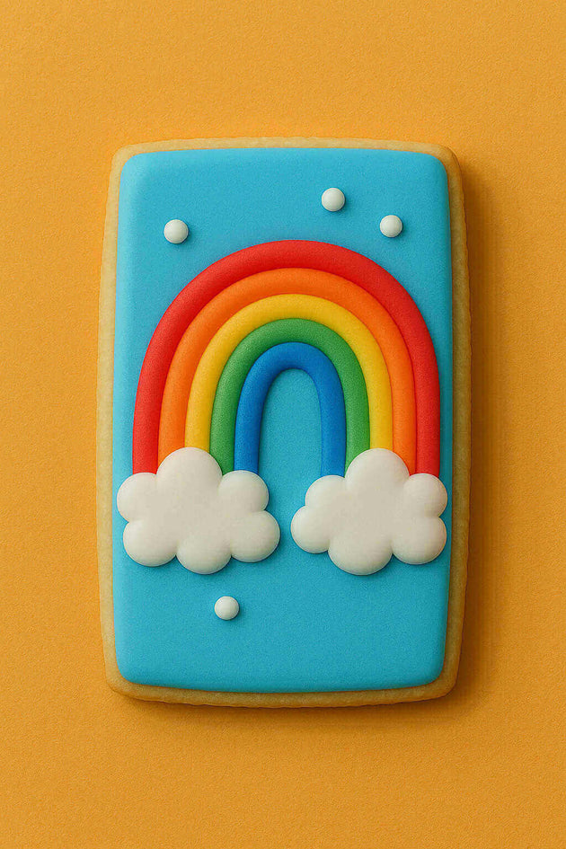 Cookie with a rainbow and cloud design on a yellow background from a 4 inch X 2.375 inch Rectangle Biscuit Metal Cookie Cutter