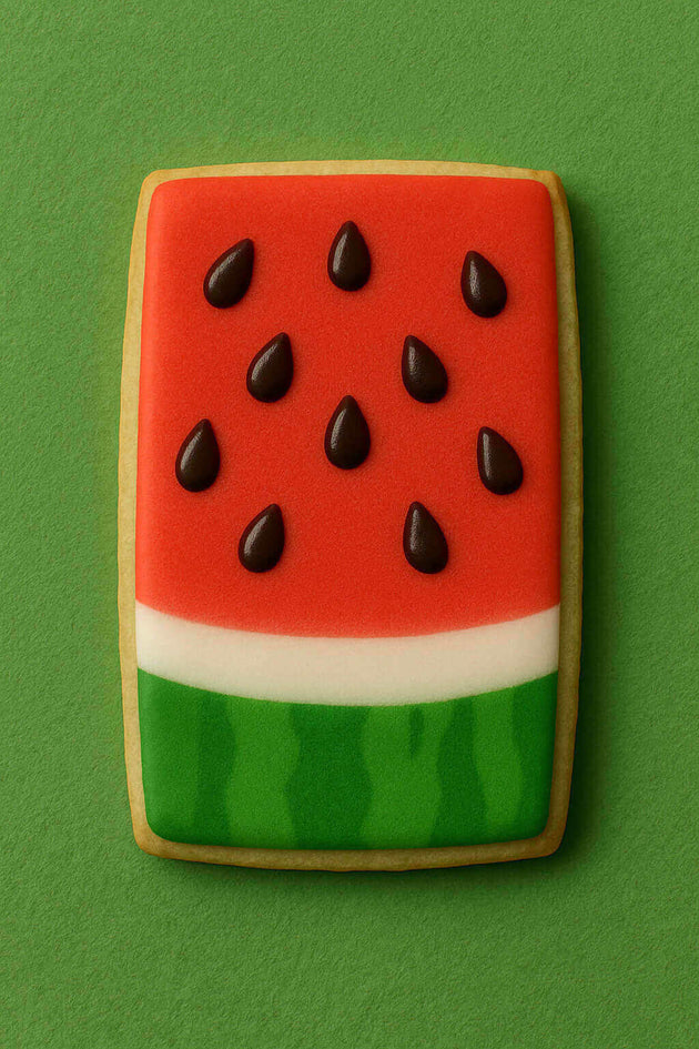 Decorative cookie shaped like a watermelon on a green background from a 4.5 Inch x 2.6875 Inch Rectangle Biscuit Metal Cookie Cutter