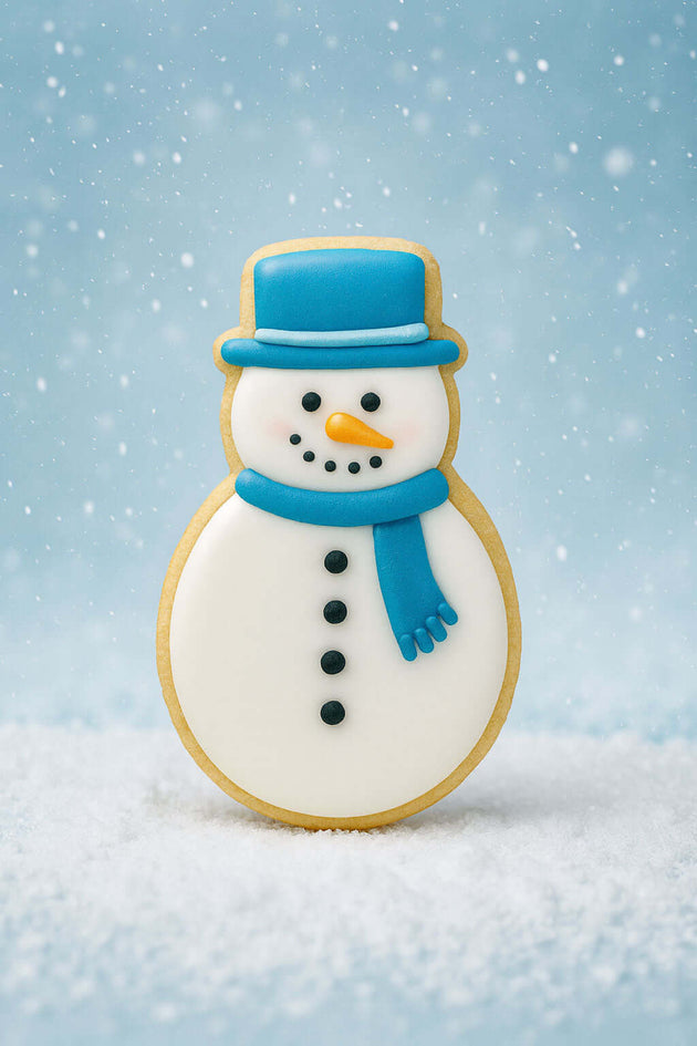 Decorative snowman cookie with blue hat and scarf on a snowy background for a 4 inch Snowman Metal Cookie Cutter