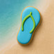 Cookie shaped like a flip-flop with blue top and green strap on a beach-themed background
