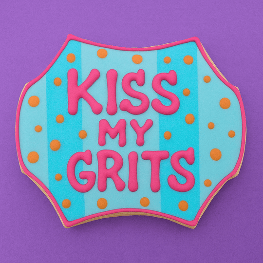 Cookie with 'KISS MY GRITS' text on a purple background from a 4.75 inch Plaque or Frame Metal Cookie Cutter
