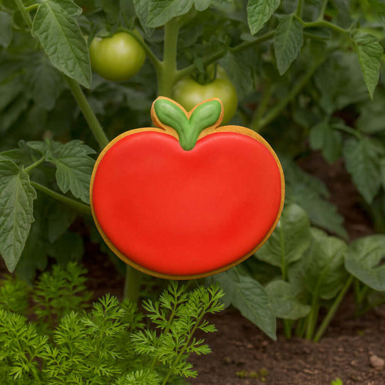 Red cookie shaped like a tomato with green leaves on a plant background from a 3.75 inch Apple or Tomato Metal Cookie Cutter