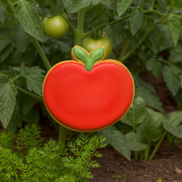 Red cookie shaped like a tomato with green leaves on a plant background from a 3.75 inch Apple or Tomato Metal Cookie Cutter