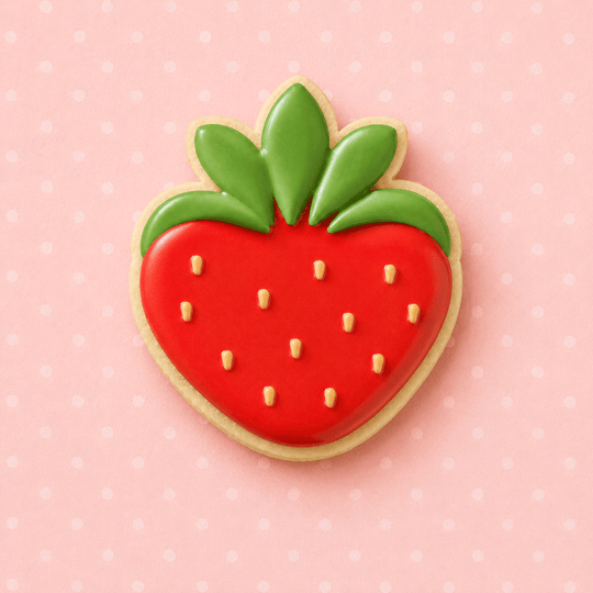 Strawberry-shaped cookie with green leaves on a pink polka dot background from a 3.5 inch Strawberry Metal Cookie Cutter
