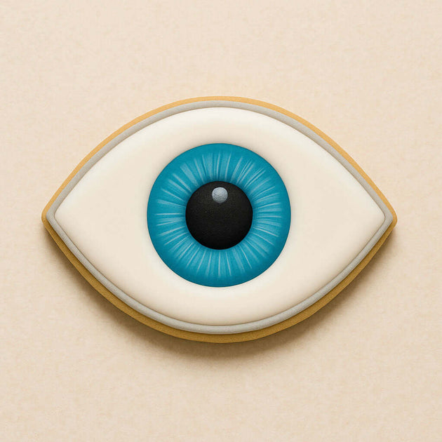 Illustration of a stylized eye with a blue iris on a beige background from a 5.5 inch Eye or Football Metal Cookie Cutter
