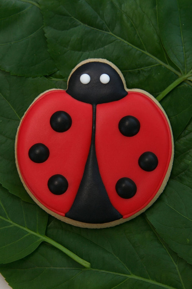 Decorative ladybug cookie on a green leaf from a 3.25 inch Ladybug Metal Cookie Cutter